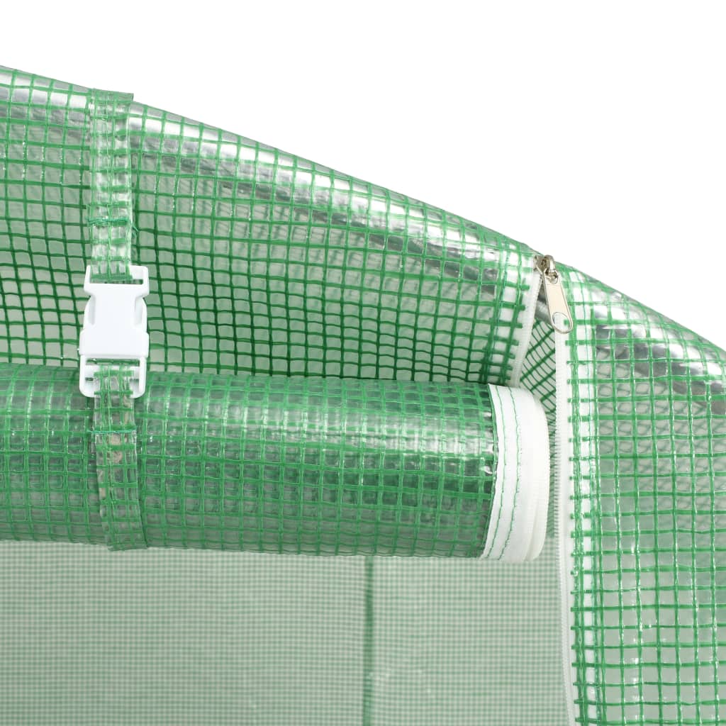 Green PE mesh greenhouse with frame, door, and side windows.