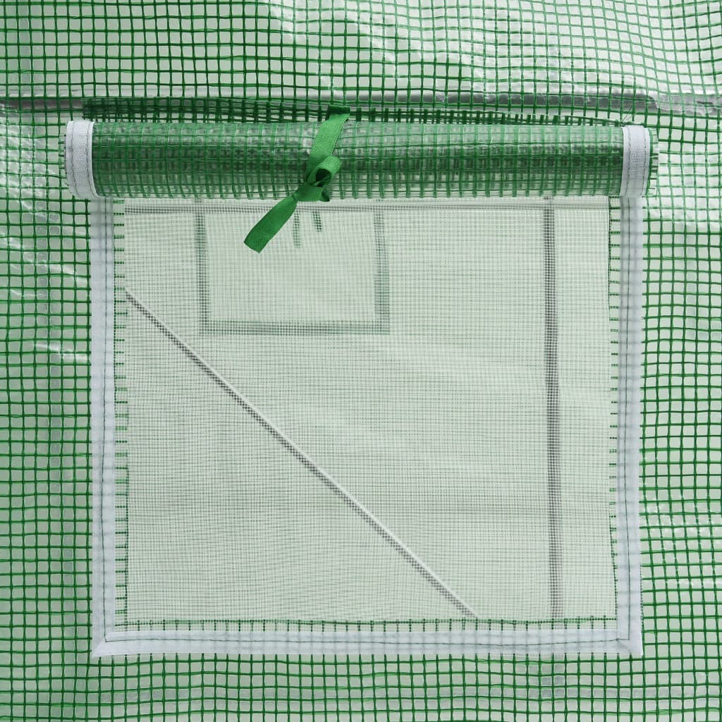 Green PE mesh greenhouse with mesh panels, window vents, and steel frame.