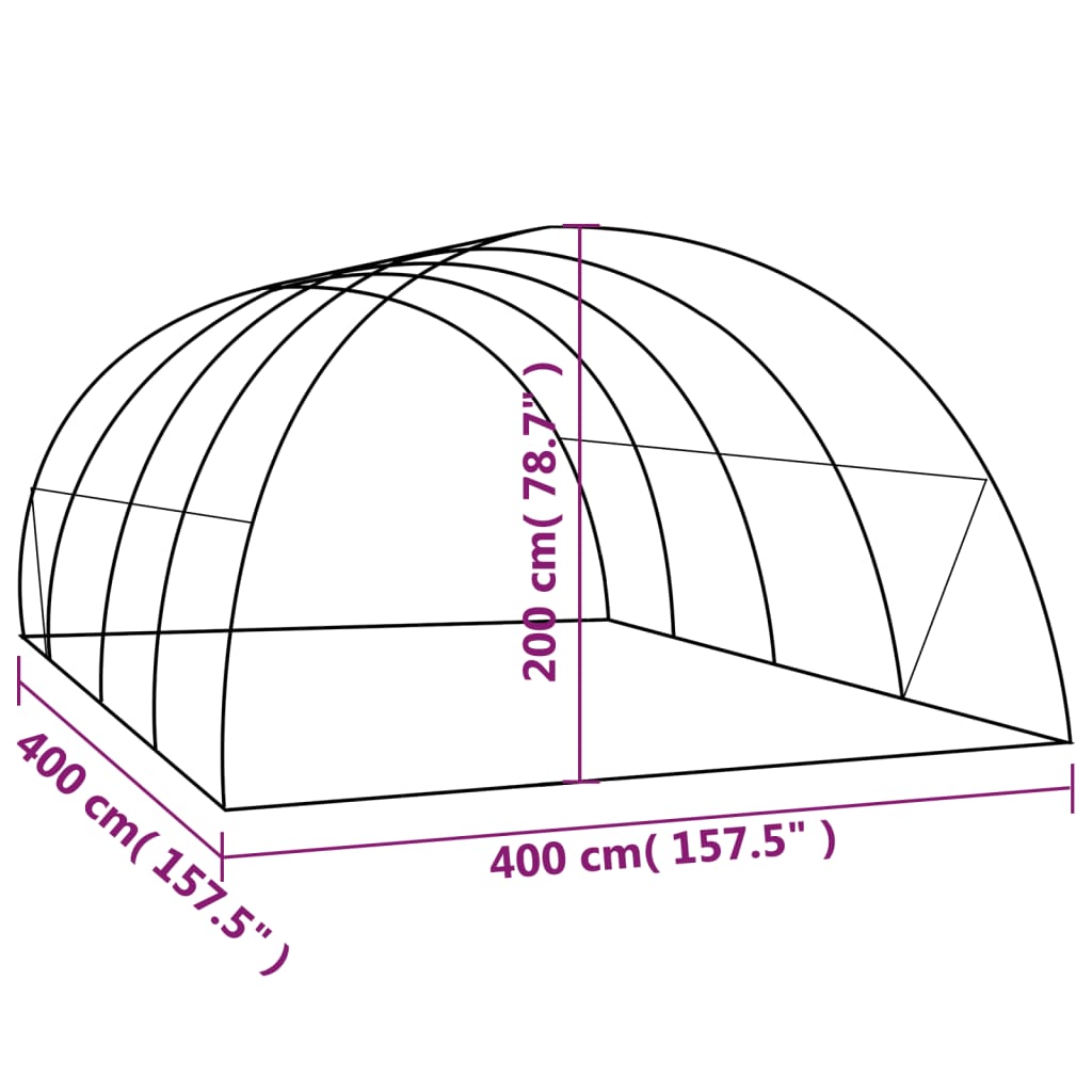 Diagram of Bostome 13.1x13.1x6.6' green PE mesh greenhouse showing 400 cm width, 200 cm height, and 157.5 cm depth.