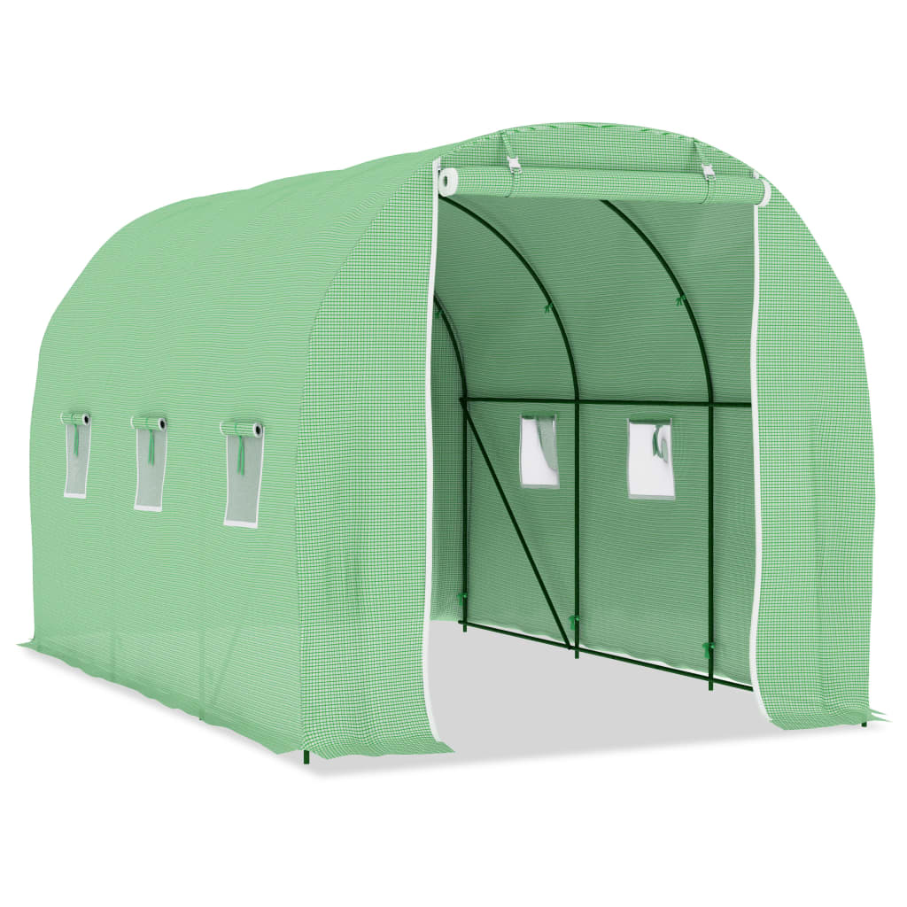 Green PE mesh fabric greenhouse, 11.3x6.6x6.6 ft, with galvanized steel frame, door, and side windows.