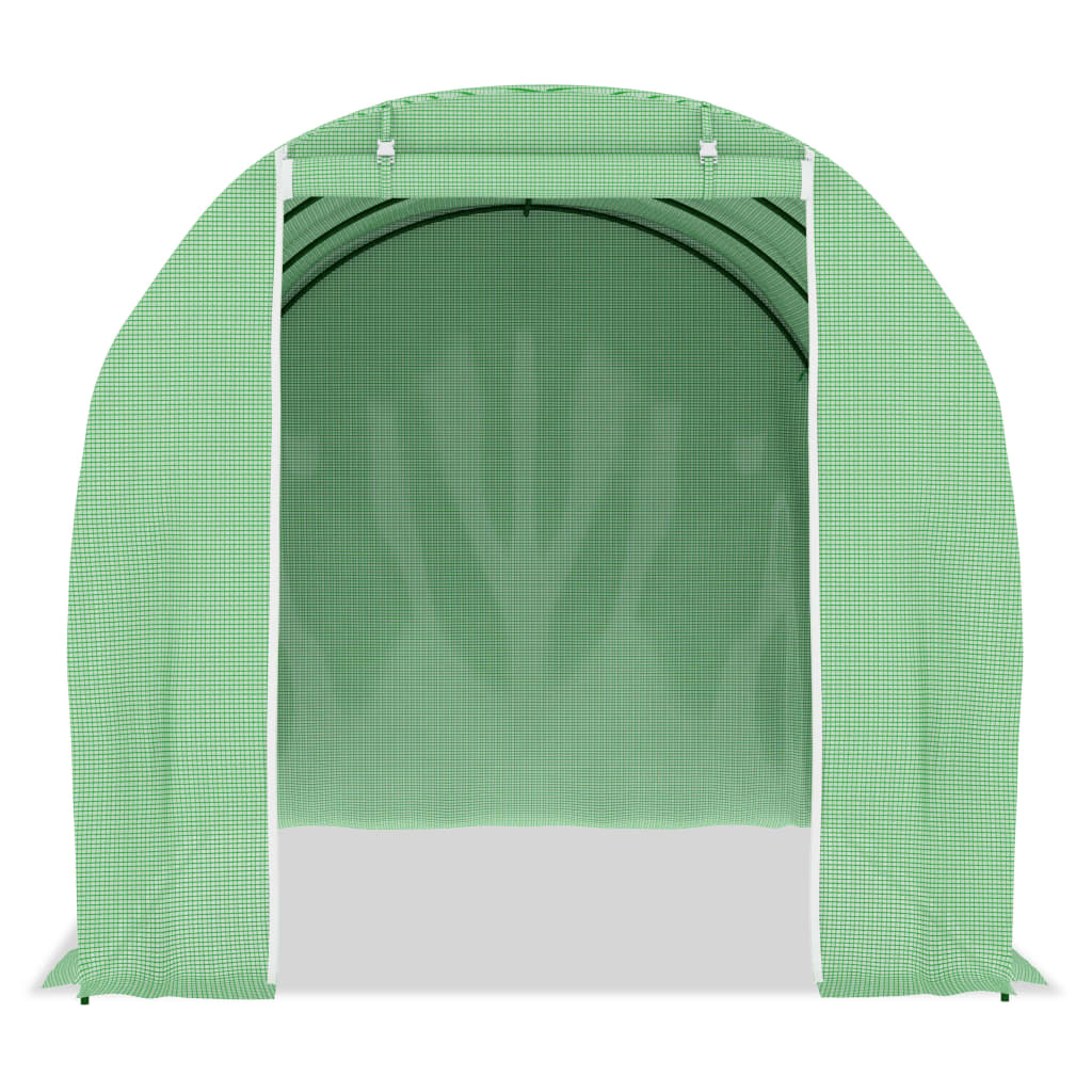 Green PE mesh fabric greenhouse with arched galvanized steel frame and open door.