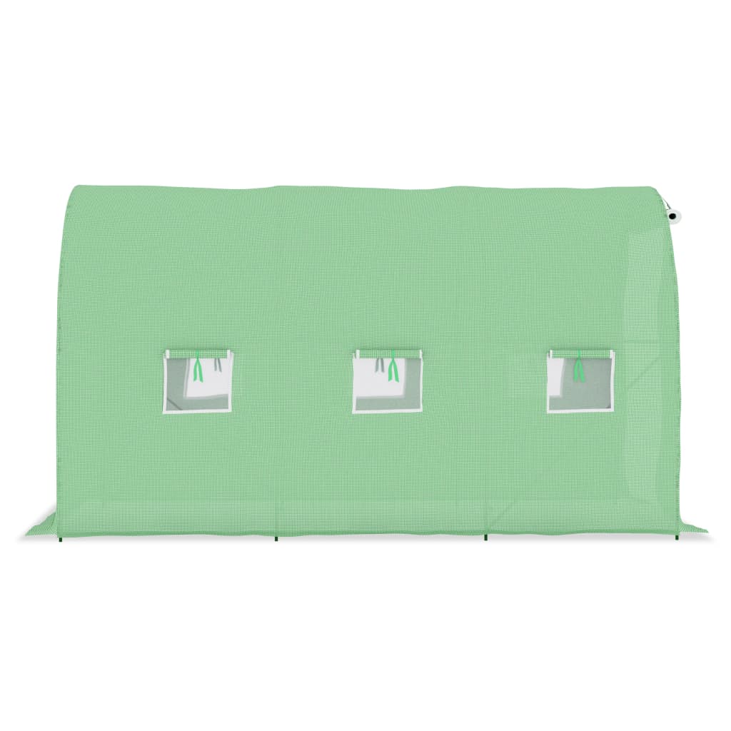 Green PE mesh fabric greenhouse, 11.3x6.6x6.6 ft, with steel frame and side windows.