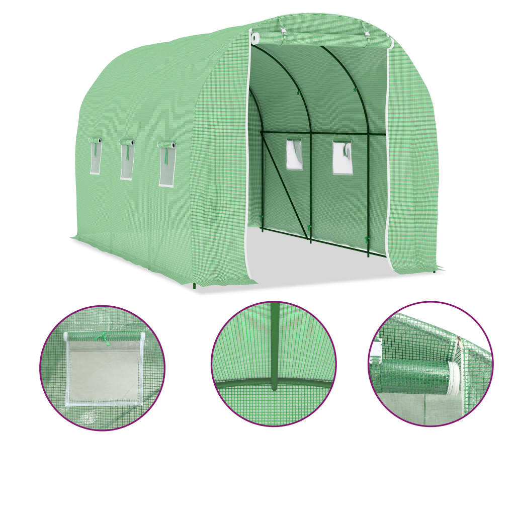 Green PE mesh fabric greenhouse, 11.3x6.6x6.6 ft, with steel frame, windows, and door.