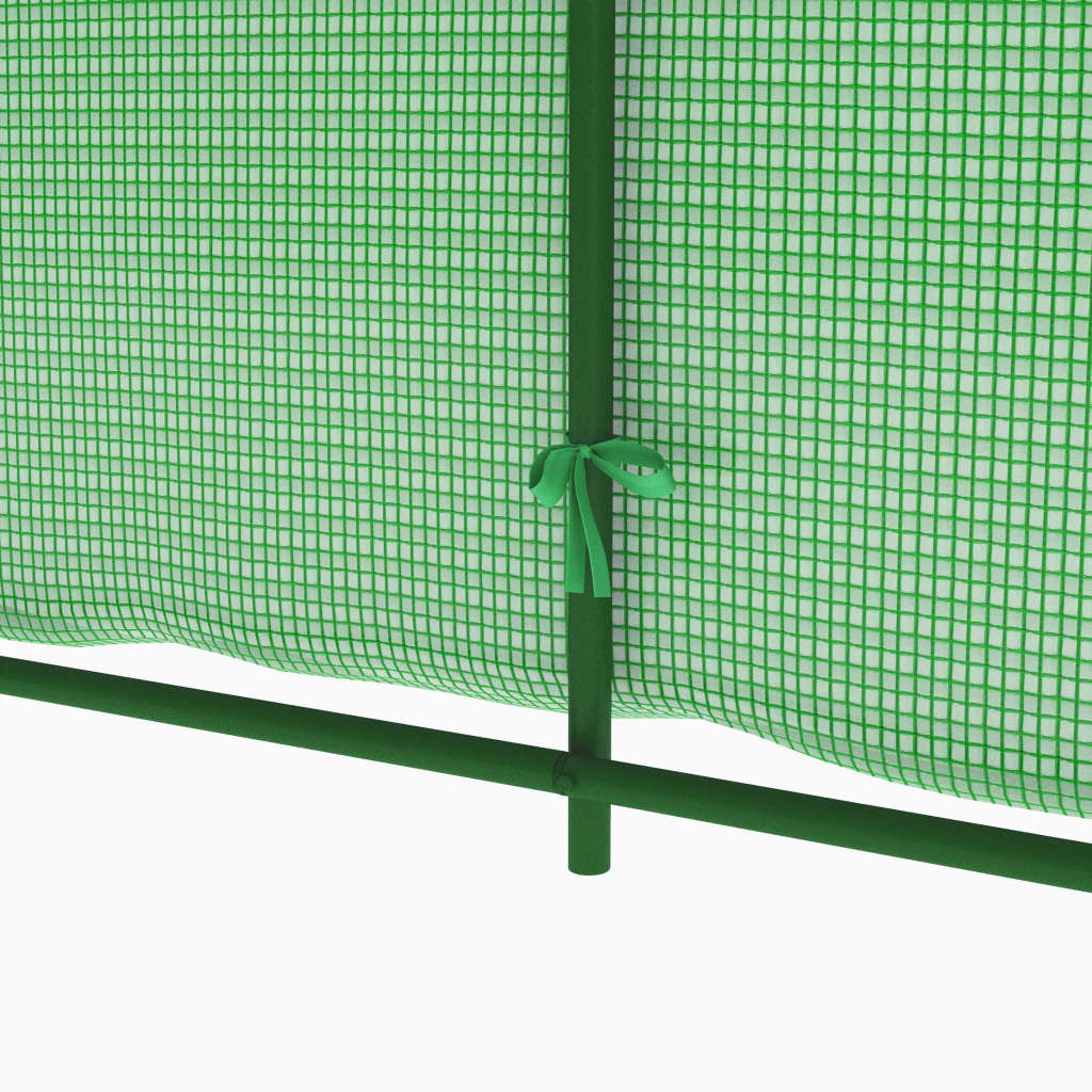 Green PE mesh fabric greenhouse with galvanized steel frame and side windows.