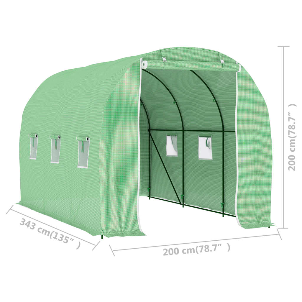 Green PE mesh fabric greenhouse, 11.3x6.6x6.6 ft, with steel frame, windows, and door.