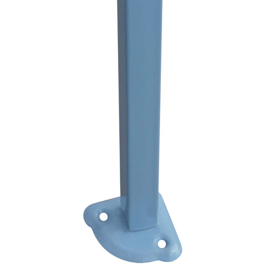 A blue gazebo leg with a flared base and two screw holes.