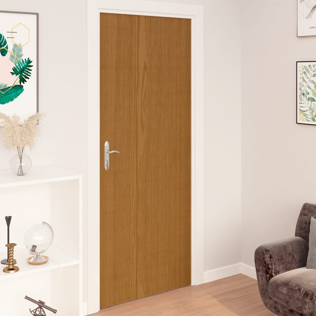 Two rolls of self-adhesive light oak PVC door film, each 82.7 by 35.4 inches, shown applied to a wooden door.