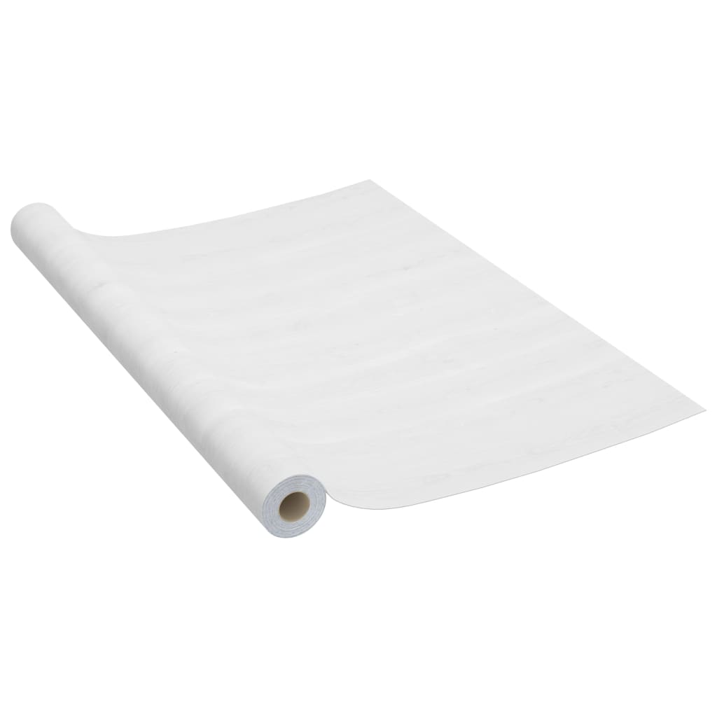 Self-adhesive PVC film in white wood grain, ideal for furniture and wall applications.