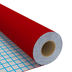 Roll of red self-adhesive PVC furniture film, 196.9x35.4in, on grid background.
