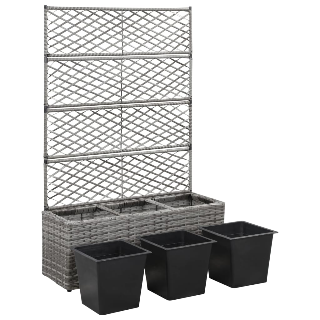 Trellis Raised Bed with 3 Pots 32.7x11.8x51.2 Poly Rattan Gray