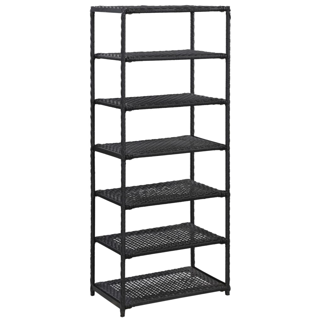 Black poly rattan shoe rack with seven open shelves, measuring 19.7x11.8x47.2 inches.