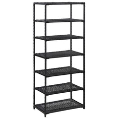 Black poly rattan shoe rack with seven open shelves, measuring 19.7x11.8x47.2 inches.