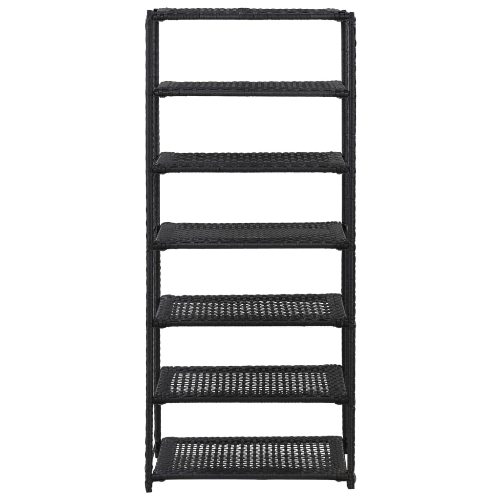 Black poly rattan shoe rack with seven open shelves, measuring 19.7x11.8x47.2 inches.