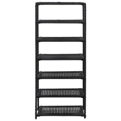 Black poly rattan shoe rack with seven open shelves, measuring 19.7x11.8x47.2 inches.