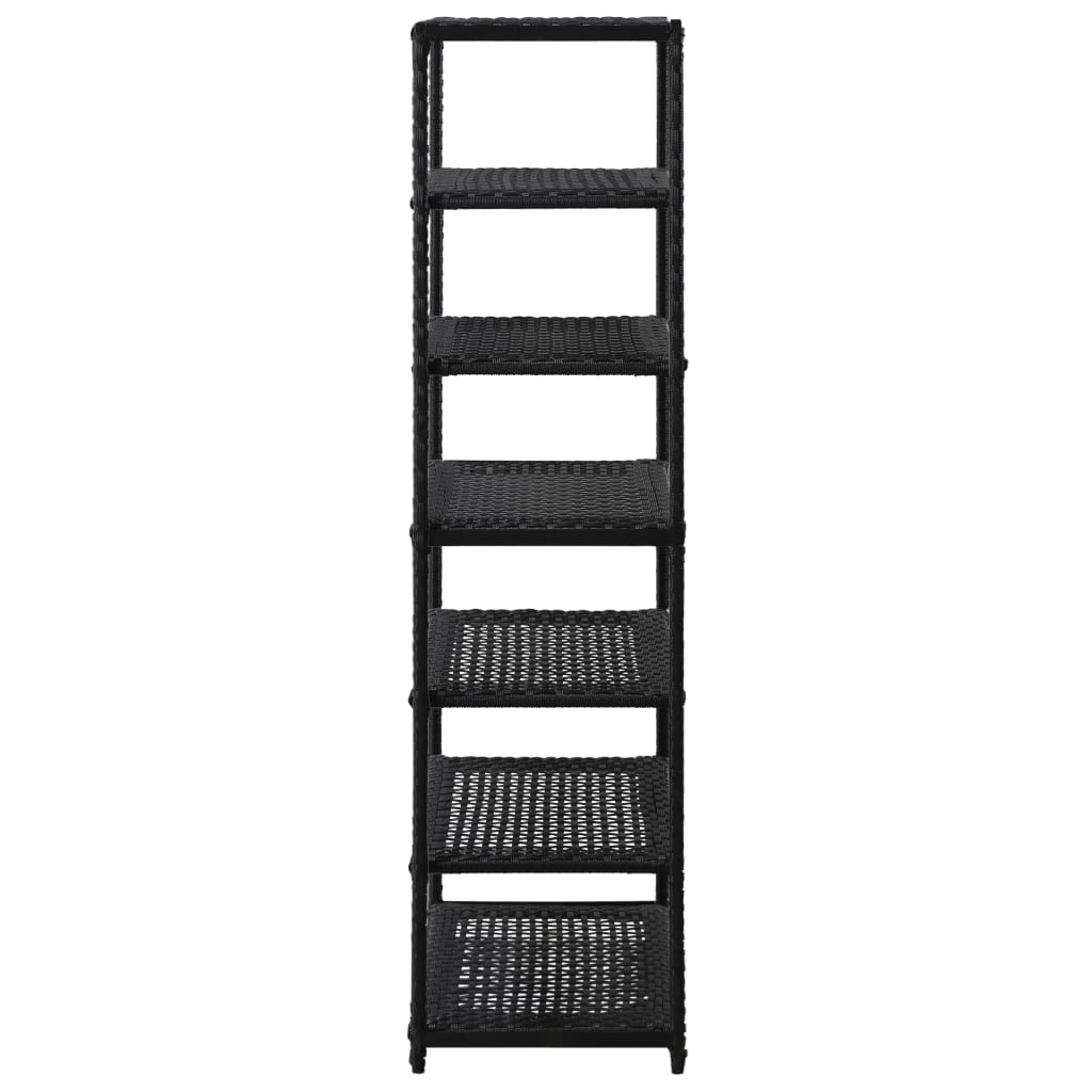 Black poly rattan shoe rack with seven open shelves, measuring 19.7x11.8x47.2 inches.