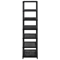 Black poly rattan shoe rack with seven open shelves, measuring 19.7x11.8x47.2 inches.