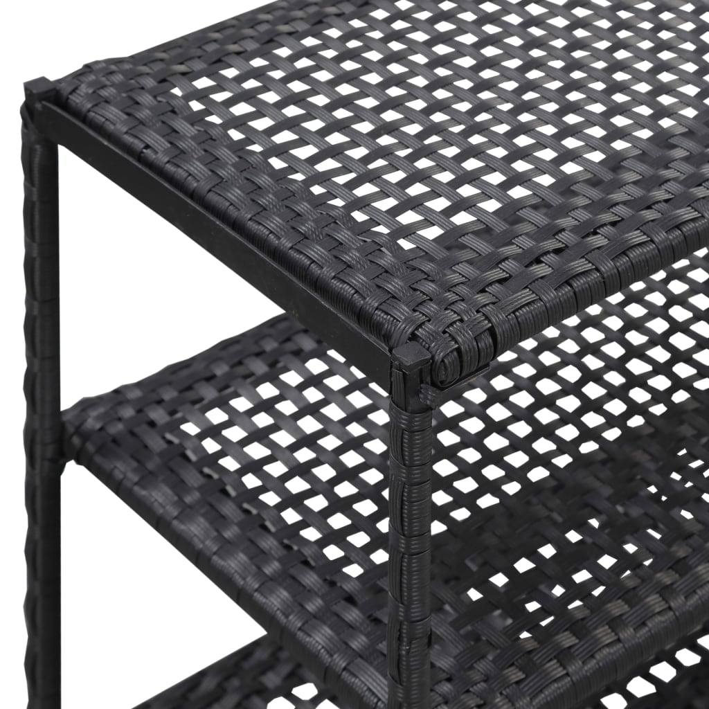 Black poly rattan shoe rack with seven open-weave shelves.