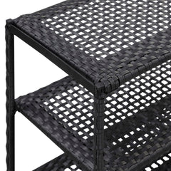 Black poly rattan shoe rack with seven open-weave shelves.