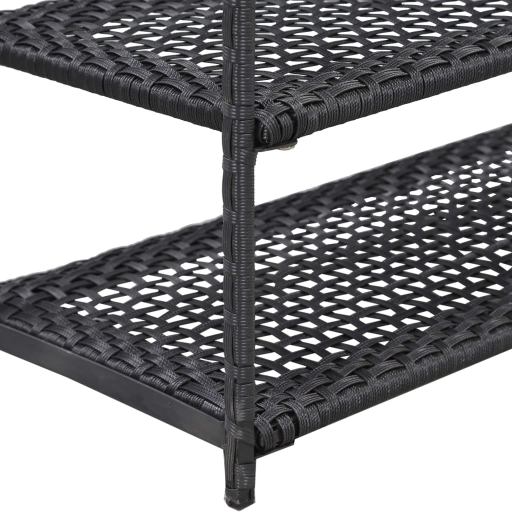 Black poly rattan shoe rack with seven open-weave shelves, measuring 19.7x11.8x47.2 inches.