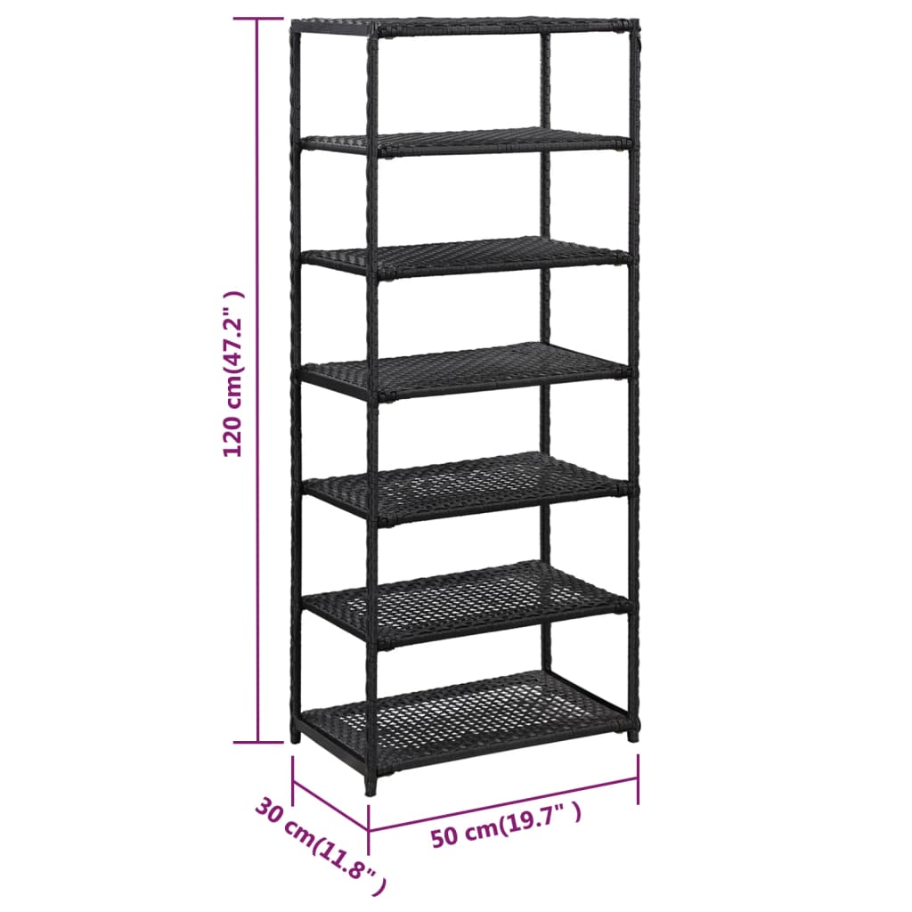Black poly rattan shoe rack with 7 shelves, measuring 19.7x11.8x47.2 inches.