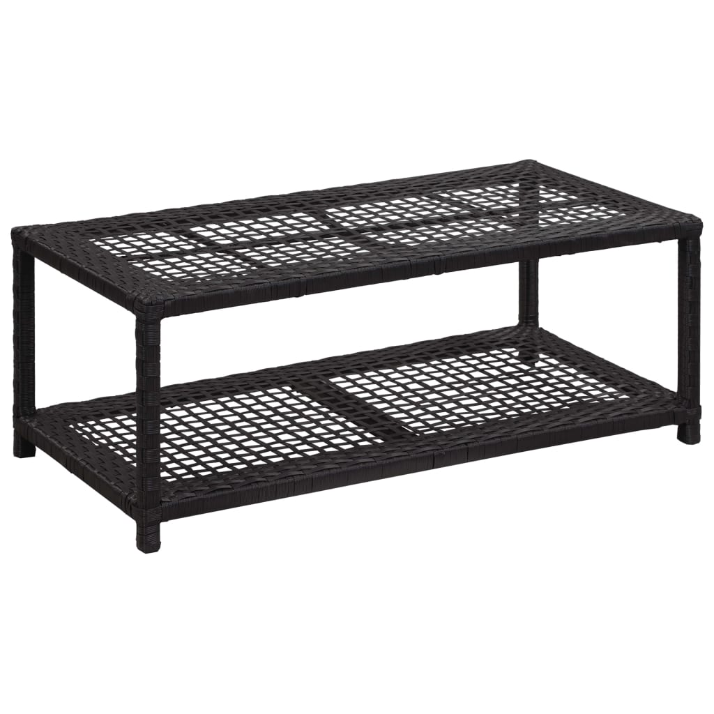Black poly rattan shoe bench with two tiers, measuring 31.5 by 15.7 by 11.8 inches.