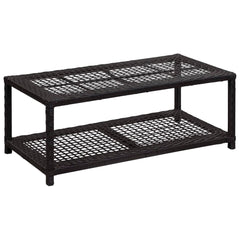 Black poly rattan shoe bench with two tiers, measuring 31.5 by 15.7 by 11.8 inches.