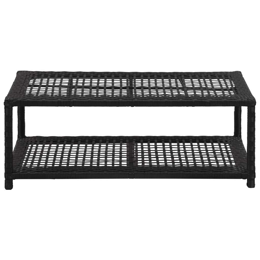 Black poly rattan shoe bench with two tiers, measuring 31.5 by 15.7 by 11.8 inches.