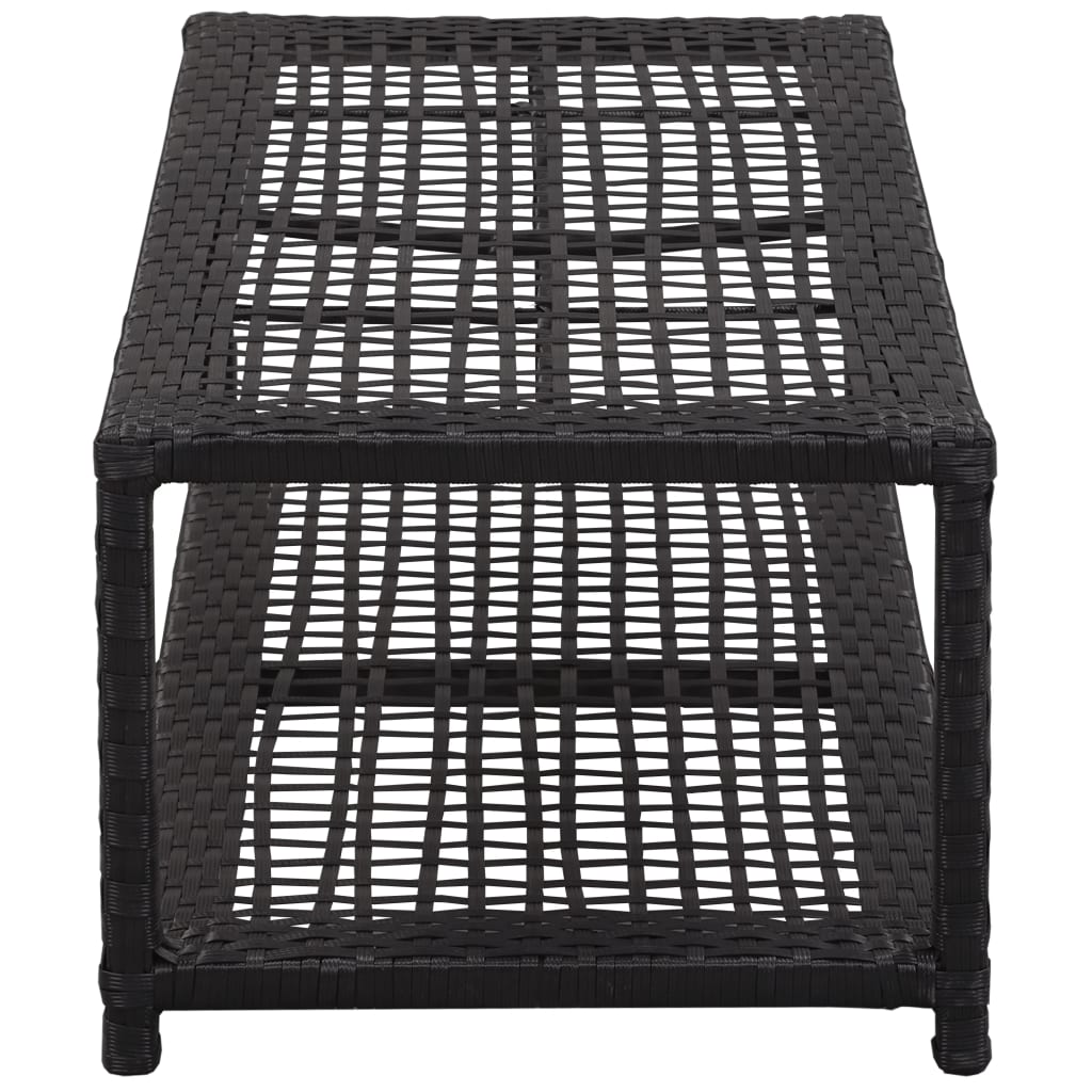 Black poly rattan shoe bench with two tiers, measuring 31.5 by 15.7 by 11.8 inches.
