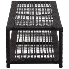 Black poly rattan shoe bench with two tiers, measuring 31.5 by 15.7 by 11.8 inches.