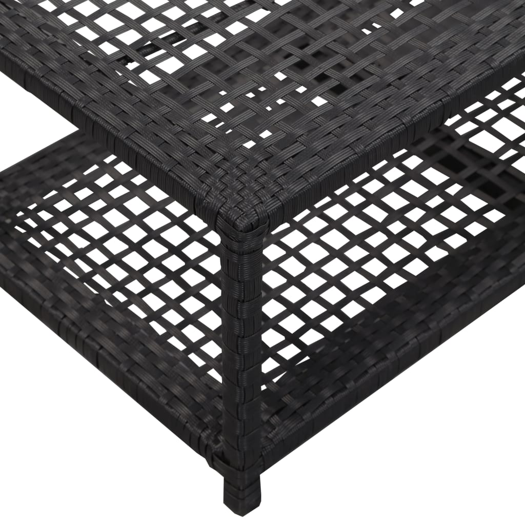 Black poly rattan shoe bench with two-tier design, 31.5x15.7x11.8 inches.