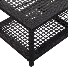 Black poly rattan shoe bench with two-tier design, 31.5x15.7x11.8 inches.