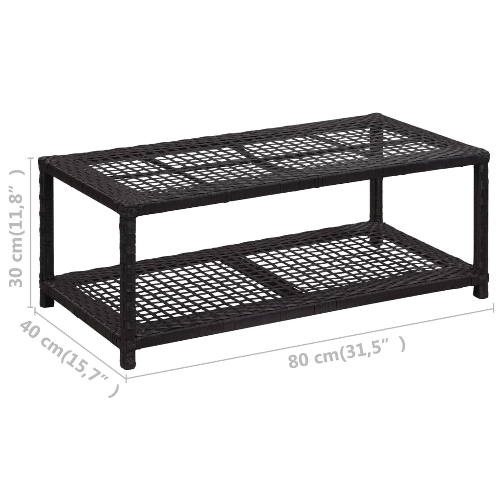 Black poly rattan shoe bench with two tiers, measuring 31.5x15.7x11.8 inches.