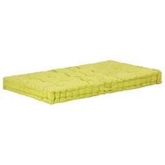 Green cotton pallet floor cushion, 47.2x31.5x3.9 inches, with tufted design.