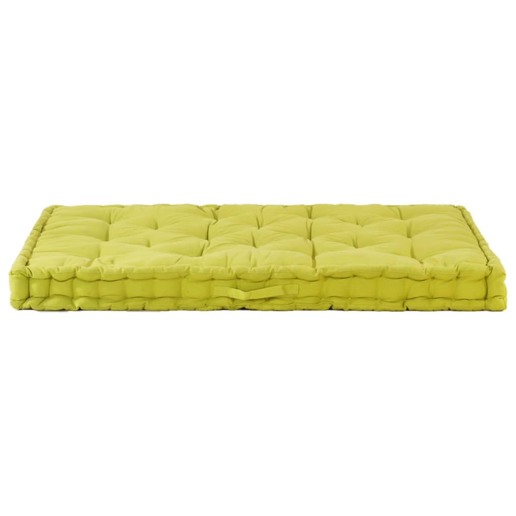 Green cotton pallet floor cushion with tufted design, 47.2x31.5x3.9 inches.