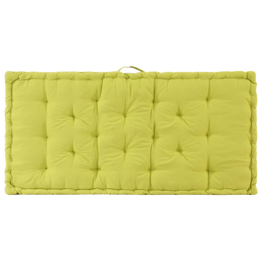 Green cotton pallet floor cushion, 47.2x31.5x3.9 inches, with tufted design and handle.