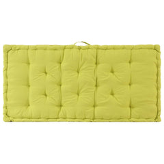 Green cotton pallet floor cushion, 47.2x31.5x3.9 inches, with tufted design and handle.