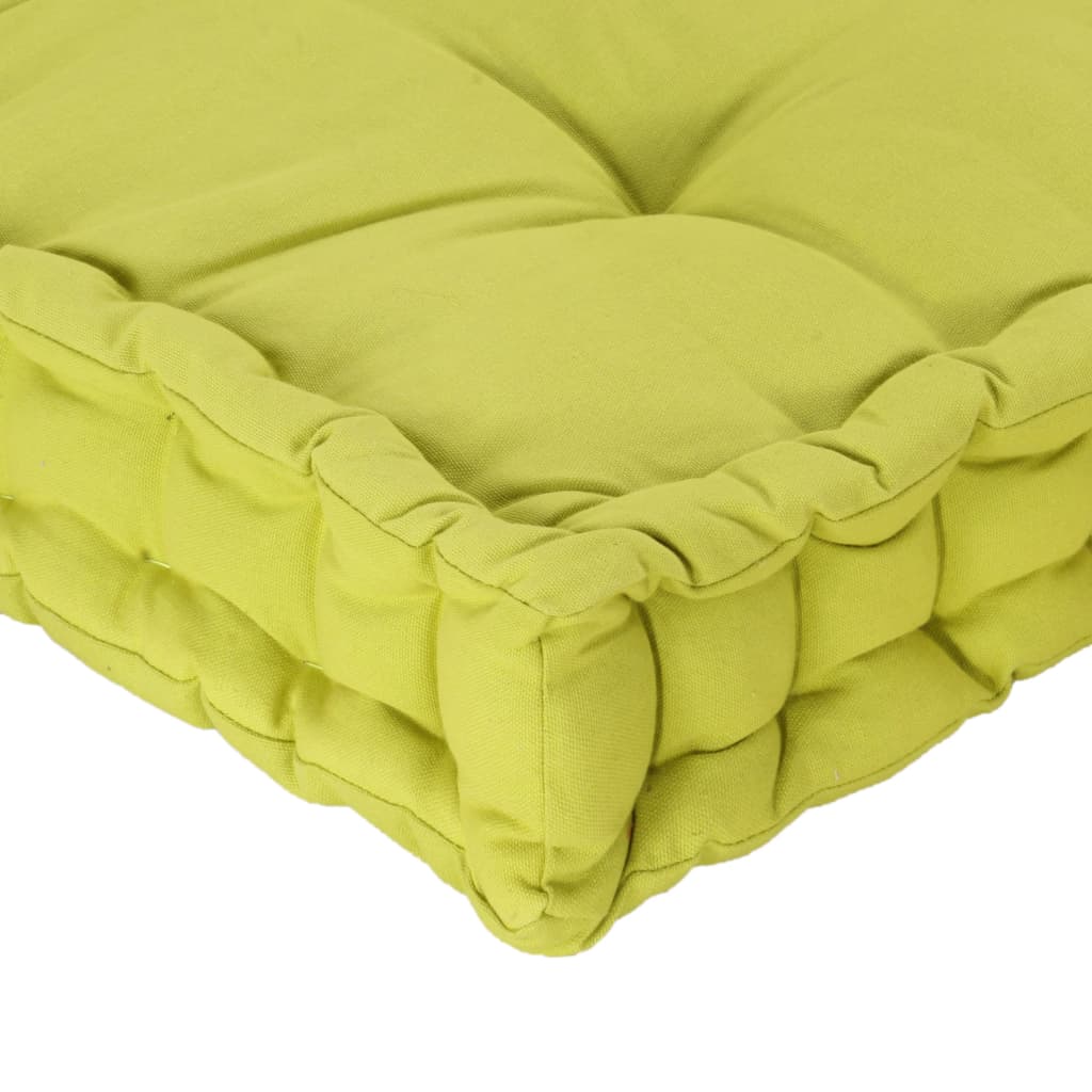 Green cotton pallet floor cushion with tufted design and smocked edges, measuring 47.2x31.5x3.9 inches.