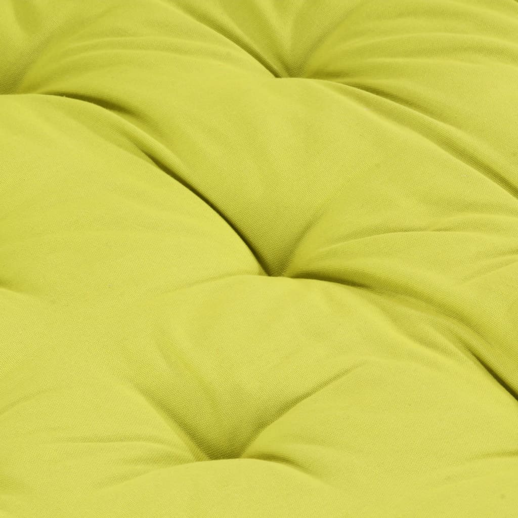 Green cotton pallet floor cushion with tufted surface and dimensions 47.2x31.5x3.9 inches.