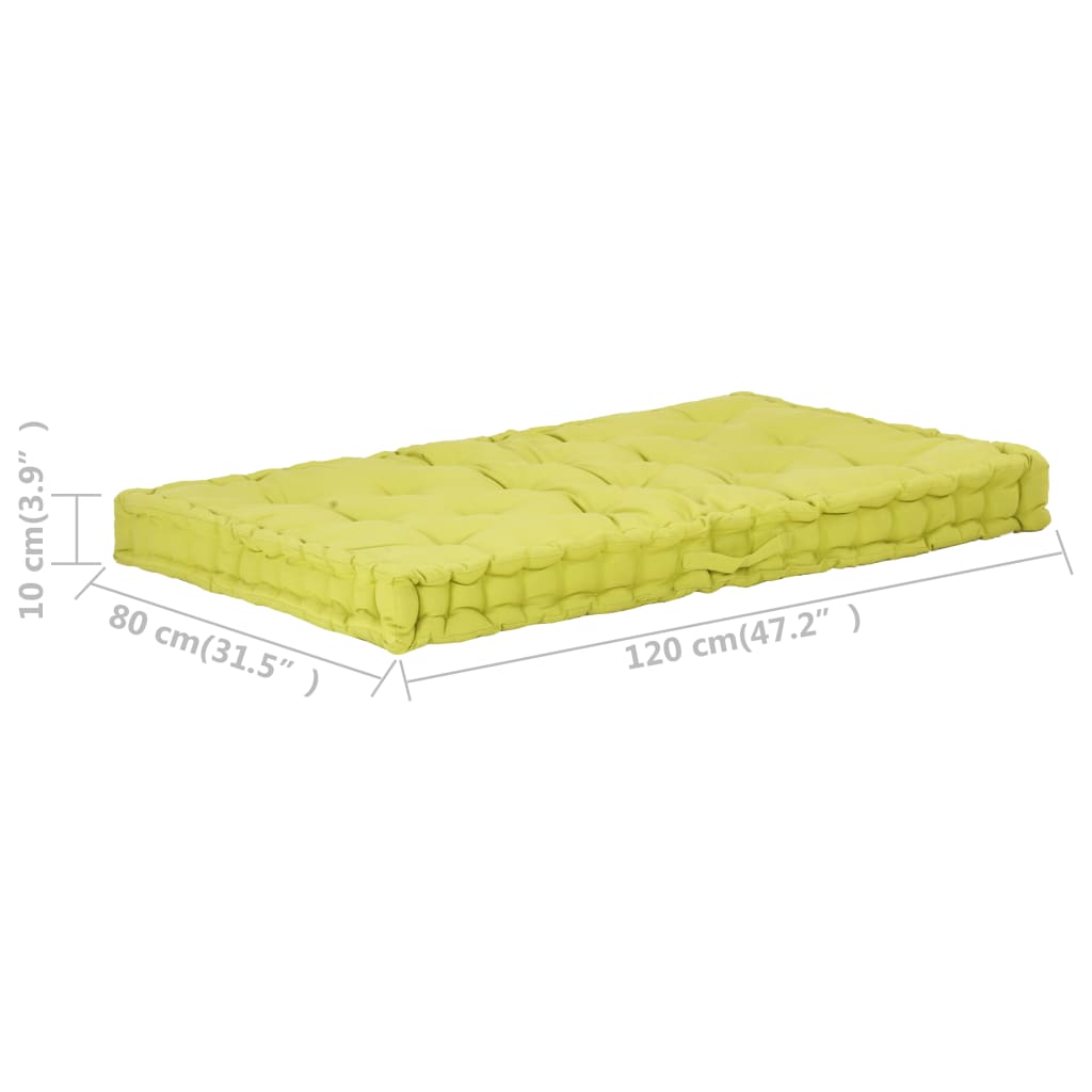 Green cotton pallet floor cushion measuring 47.2 by 31.5 by 3.9 inches.