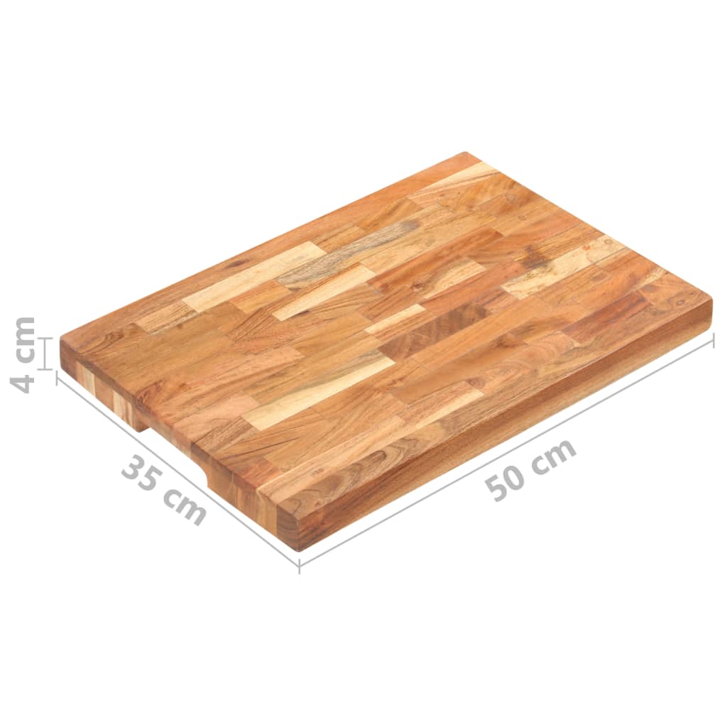 A rectangular solid acacia wood chopping board measuring 19.7 by 13.8 inches with a 1.6-inch thickness and finger groove.