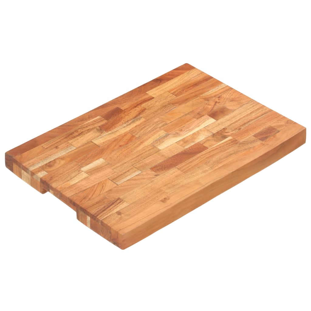 A rectangular solid acacia wood chopping board measuring 19.7 by 13.8 inches with a finger groove.