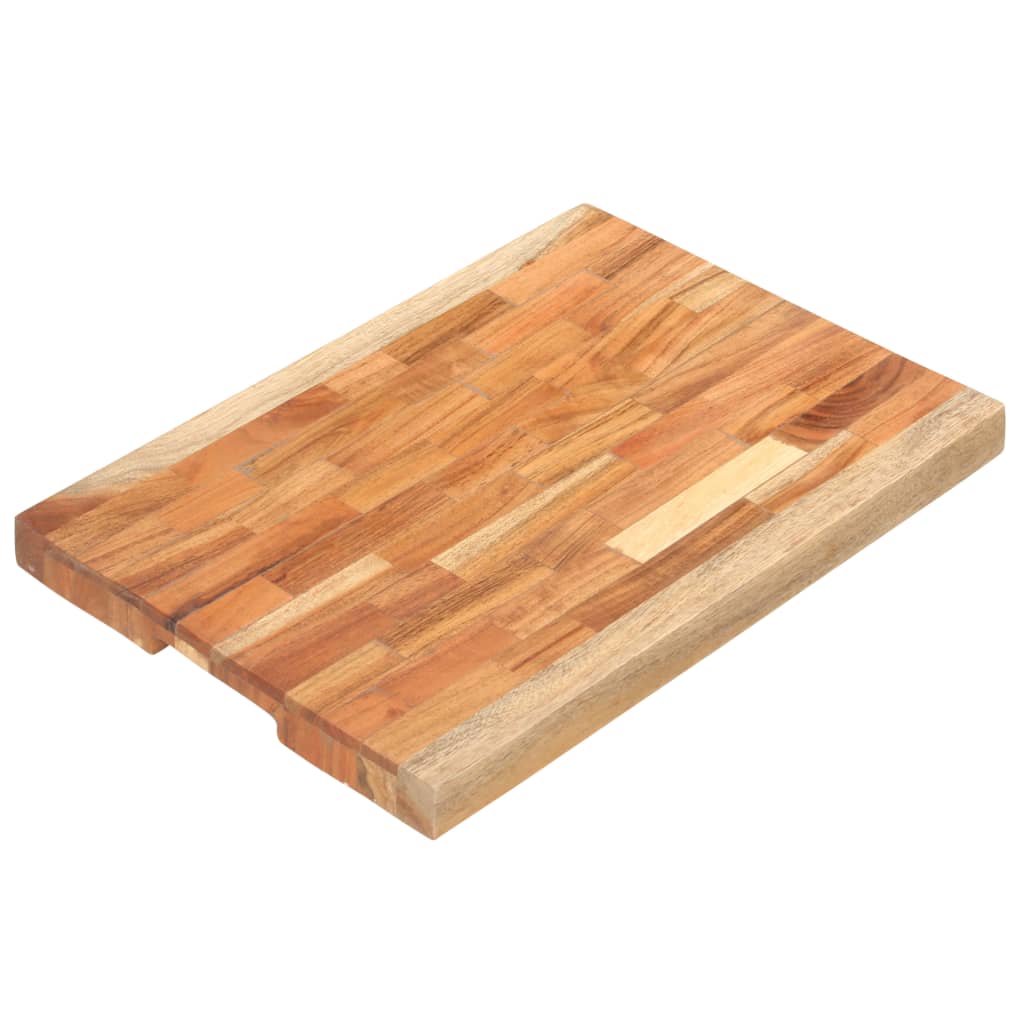 Solid acacia wood chopping board, 19.7x13.8x1.6 inches, with finger groove.