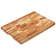 A rectangular acacia wood chopping board measuring 23.6 x 15.7 x 1.6 inches with finger grooves.