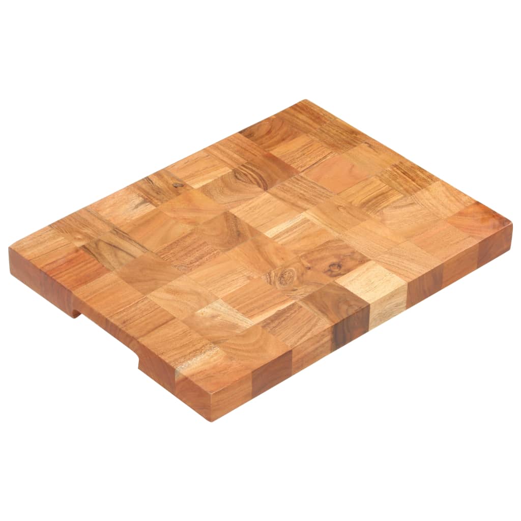 A rectangular solid acacia wood chopping board measuring 15.7x11.8x1.5 inches with natural grain patterns.