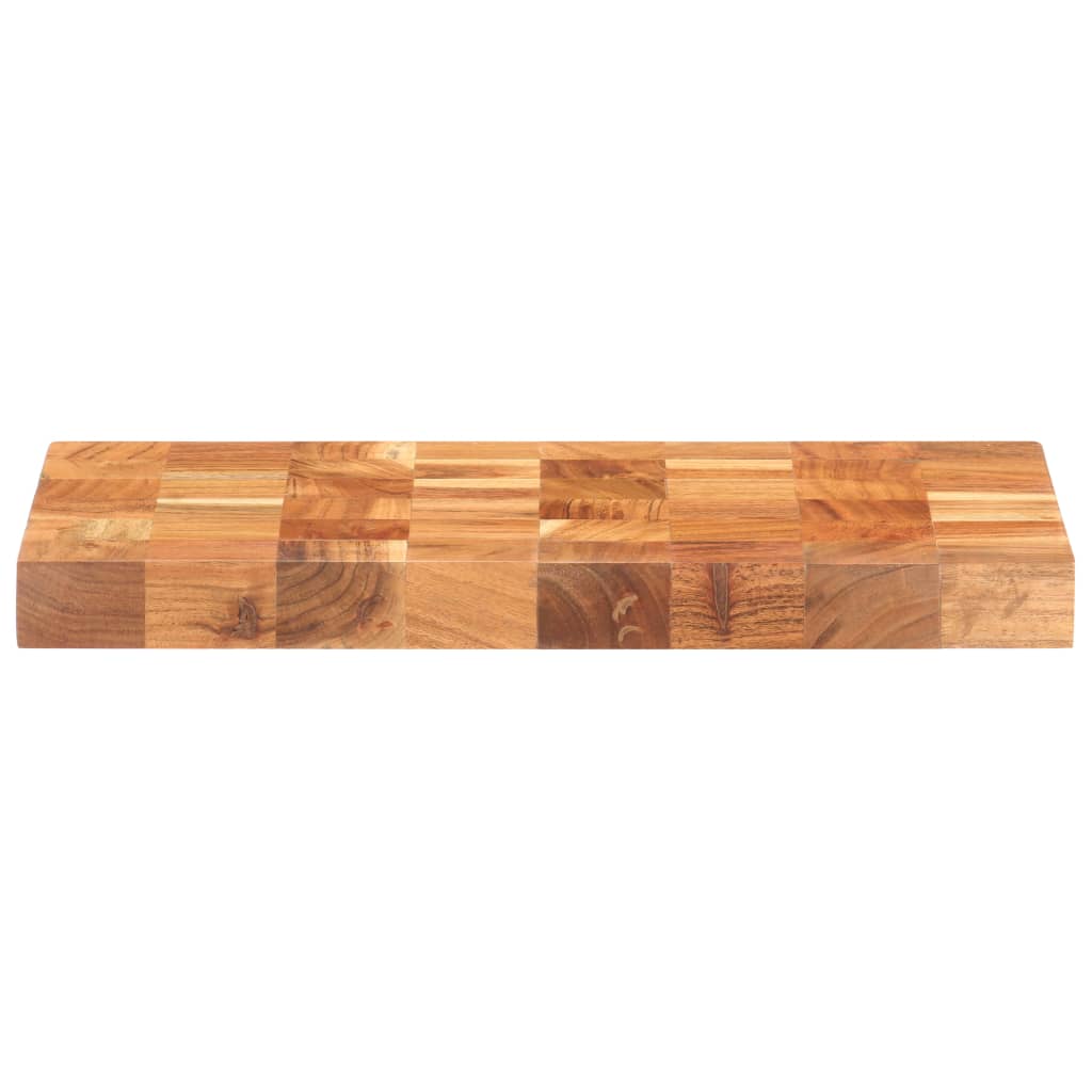 A rectangular solid acacia wood chopping board measuring 15.7 by 11.8 by 1.5 inches with natural wood grain.