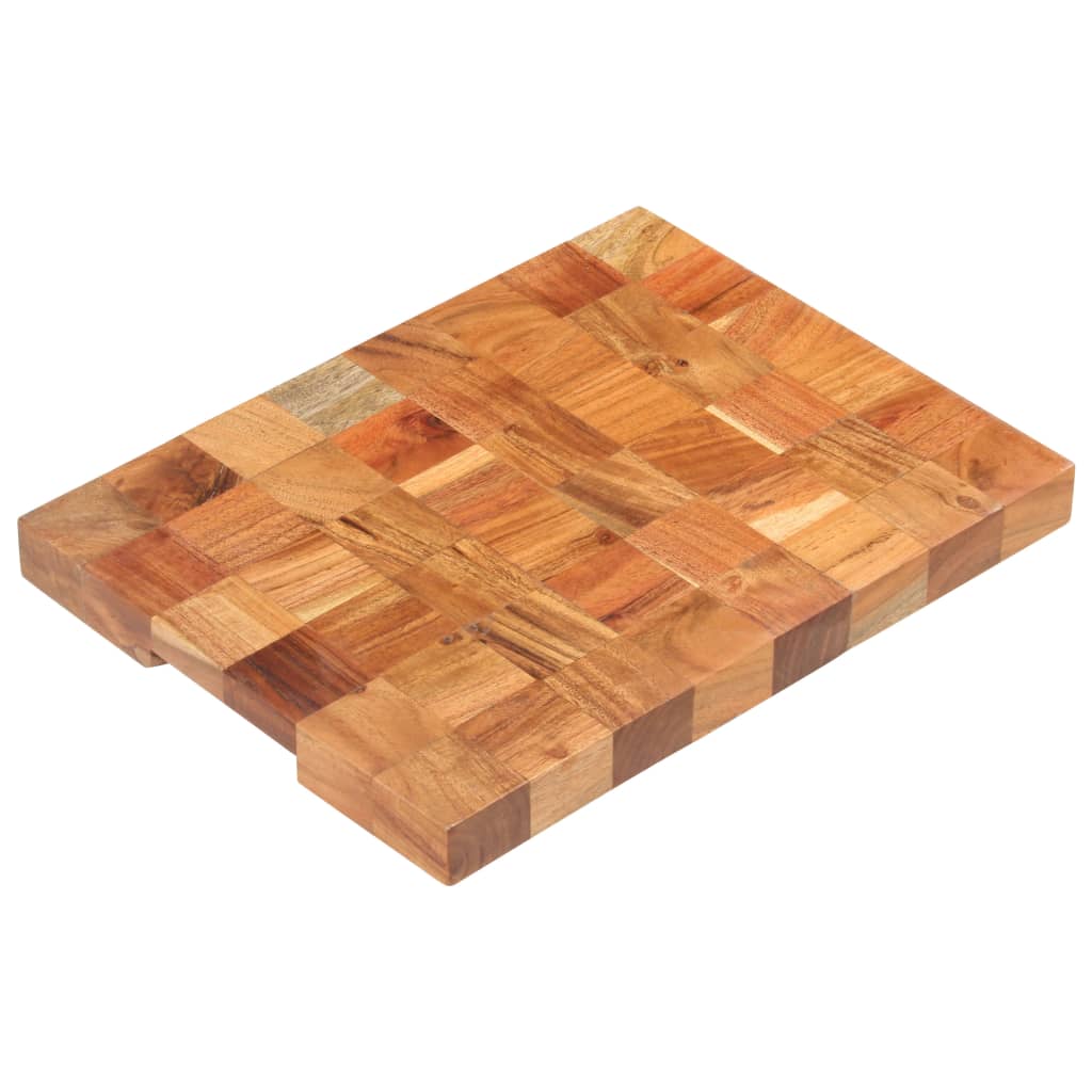 A rectangular solid acacia wood chopping board measuring 15.7 by 11.8 by 1.5 inches with natural wood grain.