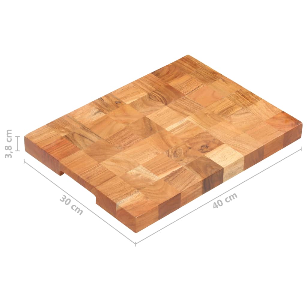 Rectangular solid acacia wood chopping board, 15.7 x 11.8 x 1.5 inches, with end grain pattern.