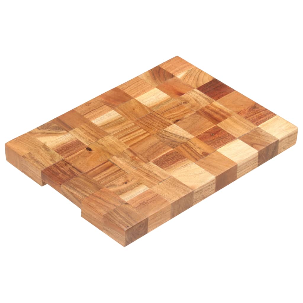 Rectangular solid acacia wood chopping board with end-grain pattern, 15.7x11.8x1.5 inches.