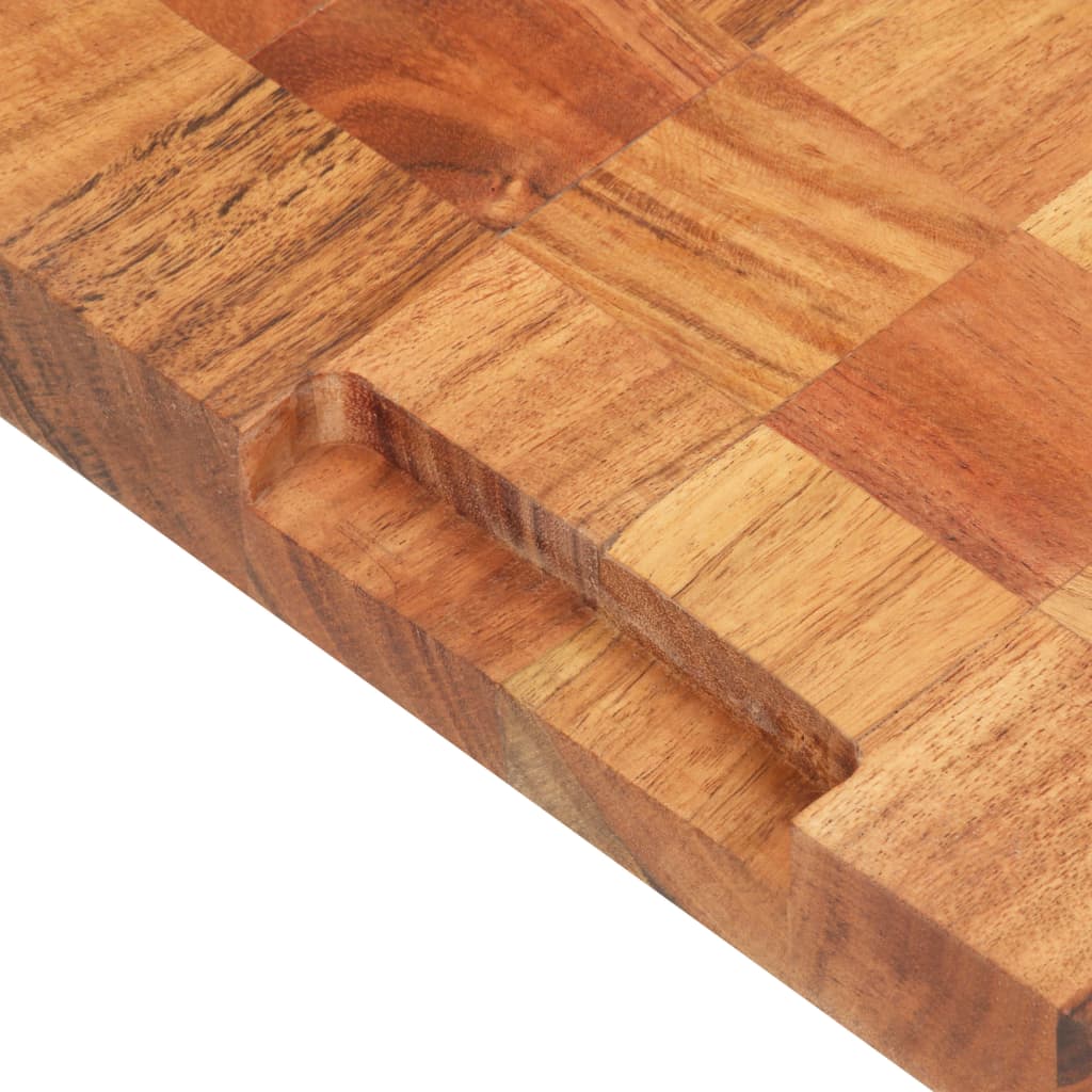 Solid acacia wood chopping board with rich grain and finger groove, 19.7x13.4x1.5 inches.