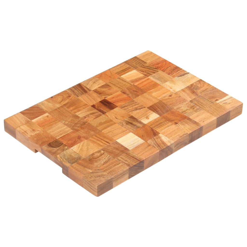 A rectangular solid acacia wood chopping board with mosaic grain pattern, measuring 19.7x13.4x1.5 inches.